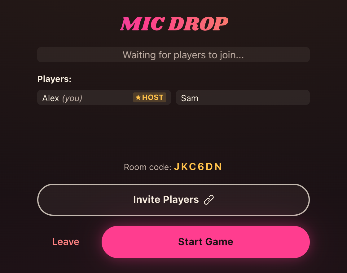 A Mic Drop lobby: Alex as host with Sam joined, the room code in gold, and Invite Players and Start Game buttons