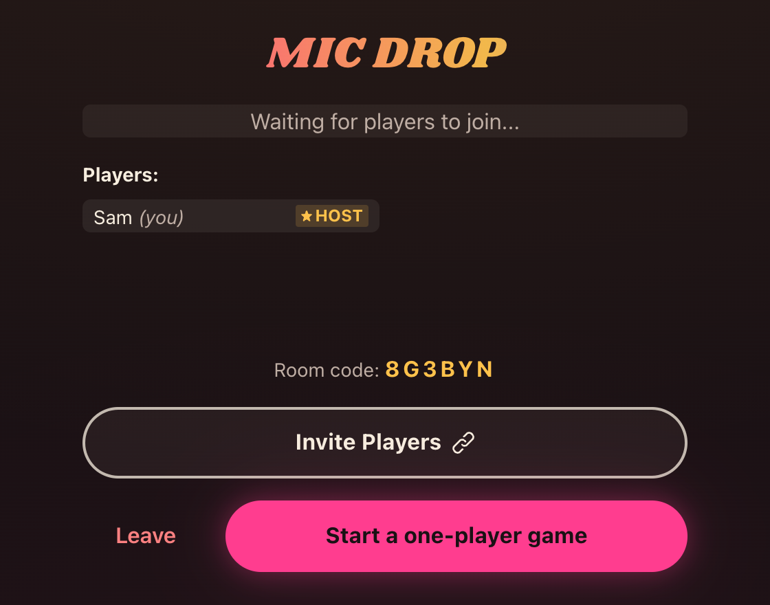 A Mic Drop lobby with one player, showing a Start a one-player game button