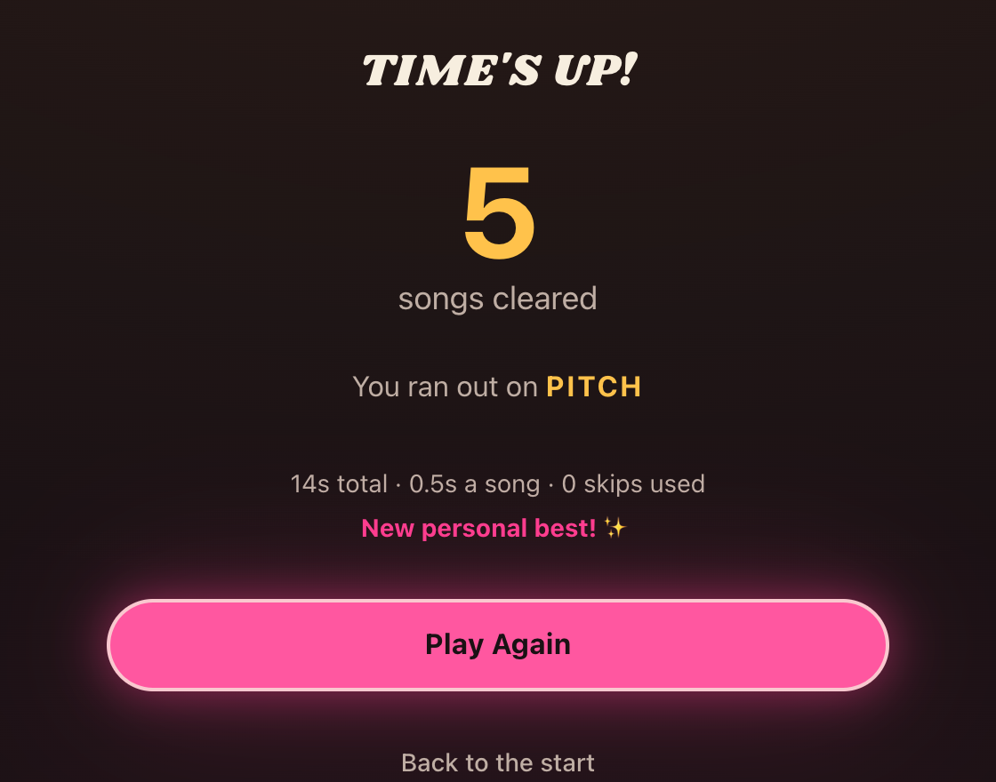 One-player results: five songs cleared, the word WARM that ran out the clock, run stats, and a New personal best message