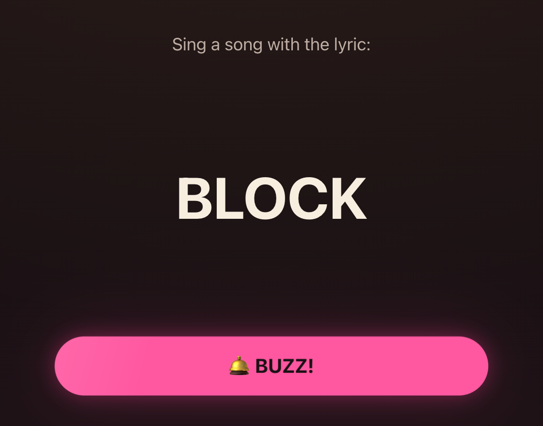 A Mic Drop round: the word shown large with the glowing pink BUZZ button below